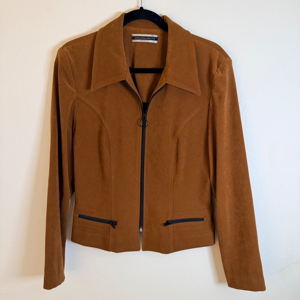 VTG Women's 8 Brown Faux Suede Zip Front Jacket Dark‎ Academia Tailored 80s 90s